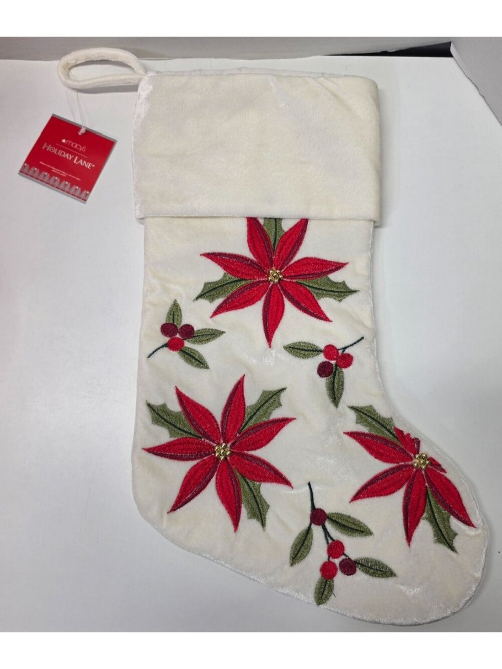 Macy’s Holiday Lane Christmas Stocking Cream Poinsettia NWT 17.5"